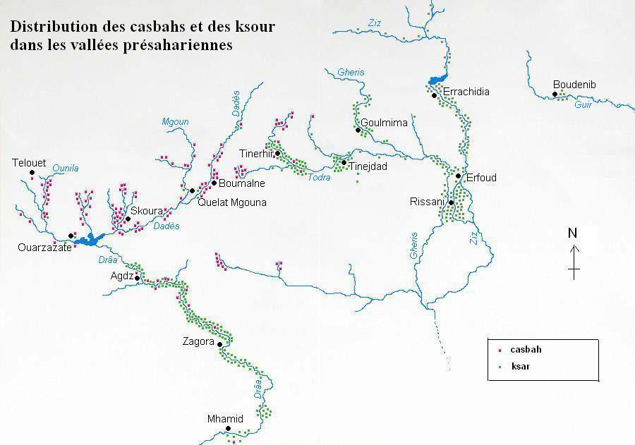 Carte de la distribution des kasbahs et des ksour au sud du Maroc.
